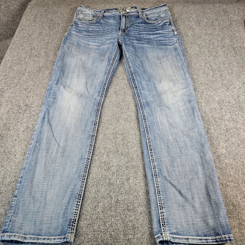 BKE Tyler Straight Leg Mens Jeans 38L Medium Wash Contrast Stitch Blue Denim